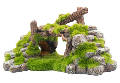 Stacked Stone Bridge Fishtank Ornament Moss-covered with Wooden Bridge